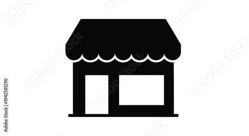 Simple black and white illustration of a storefront with an awning