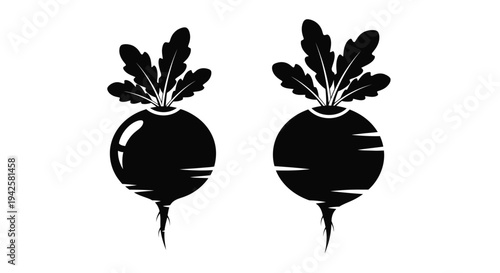 Two black silhouettes of radishes with leafy tops are shown