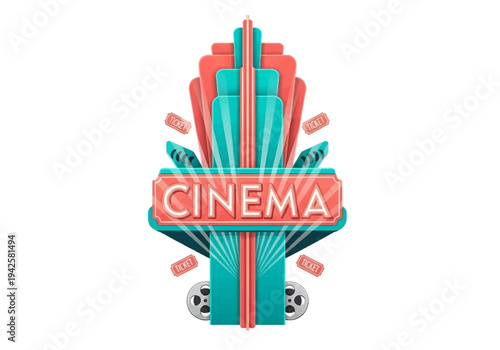 Art Deco Style Cinema Marquee with Film Reel and Tickets, Entertainment Concept