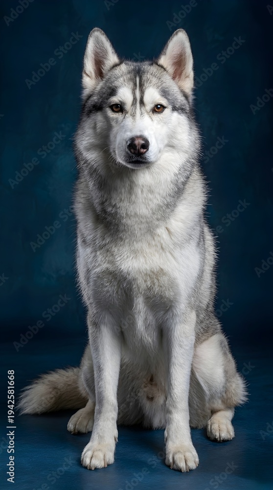 Obraz premium Siberian Husky Studio Portrait on Blue Background, Majestic Dog Image