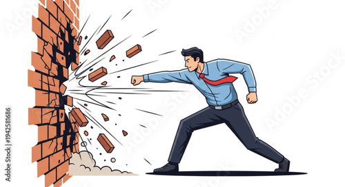 Man Breaking Through Brick Wall.