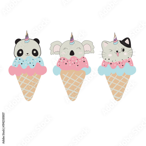 A delicious collection of sweet frozen ice cream cones featuring vanilla, chocolate, and strawberry flavors in a summer dessert vector illustration setA delicious collection of sweet frozen ice cream 