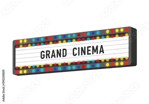 Retro Grand Cinema Marquee Sign with Colorful Illuminated Bulbs Displaying the Text 'GRAND CINEMA' on a White Background