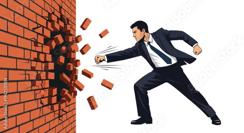 Businessman Breaking Through Brick Wall.