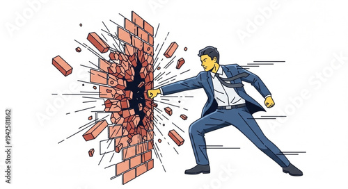 Businessman Breaking Through Brick Wall.
