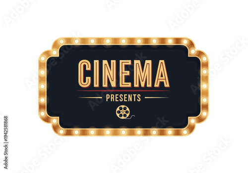 Retro Cinema Presents Marquee Sign with Film Reel Icon