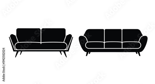 Two modern sofa silhouettes in black and white facing slightly different angles