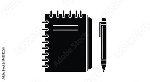 Simple black and white icon of a spiral notebook and pen