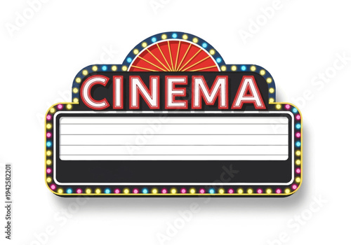 Retro cinema marquee sign with 'CINEMA' illuminated in colorful lights and empty space for text