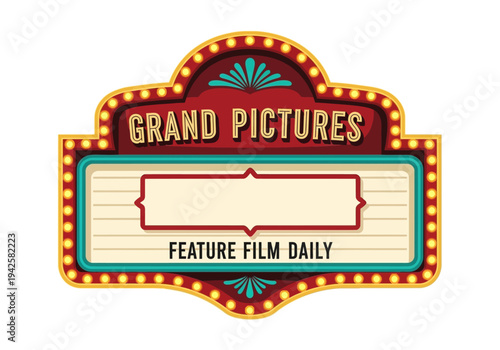 Grand Pictures Feature Film Daily Marquee with Vintage Cinema Style Lighting