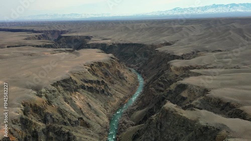 A panoramic aerial view of the incredible Charyn Canyon in Kazakhstan