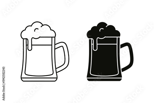 Vector illustration of two beer mugs, one black and white and one colored, with foamy heads, perfect for brewery or pub promotional materials and drink menu designs.