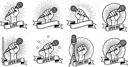 Vintage Microphone Hand Emblems Live Music and Open Mic Vector Illustration Set