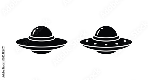 Two black and white illustrations of classic flying saucer shaped ufos