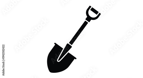 A simple black silhouette of a garden digging shovel on white