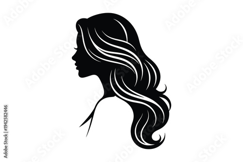 Black silhouette of a woman with long wavy hair, profile view, illustration, vector graphics, simple design, isolated on white background, feminine icon.