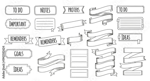 Collection of Hand-Drawn Bullet Journal Elements for Planning and Organization.