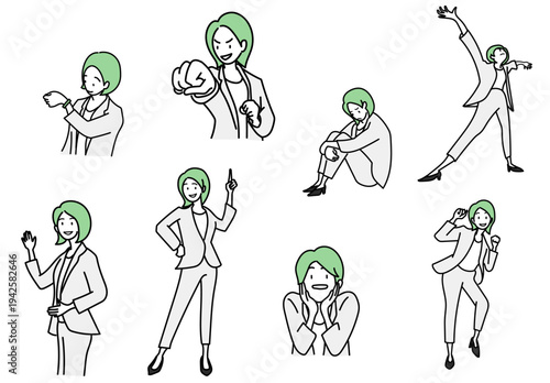 様々な感情やポーズをとるビジネススーツを着た女性のイラストセット｜ビジネスシーンや広告デザインに活用できる汎用性の高いベクター素材