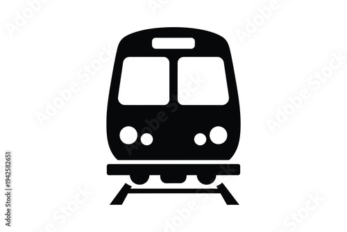 A sleek black silhouette of a modern train or subway vehicle on tracks, viewed from the front, representing transportation and travel.