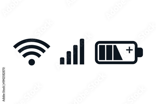 Vector illustration of Wi-Fi signal, cellular network bars, and low battery icons on white background, symbolizing connectivity and power status.