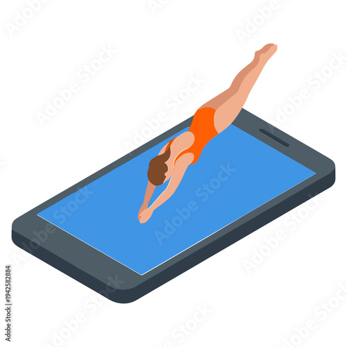 Dive into the digital world with a person plunging into a smartphone screen, symbolizing immersion and connectivity