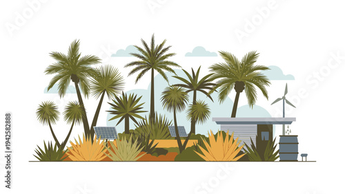 Illustration of a modern house with palm trees and tropical plants against a light blue sky with wind turbines.