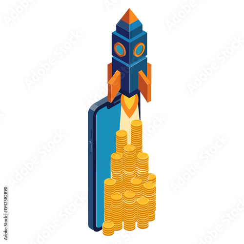 Exploding financial growth represented by a rocket launching from a smartphone amidst a pile of gold coins