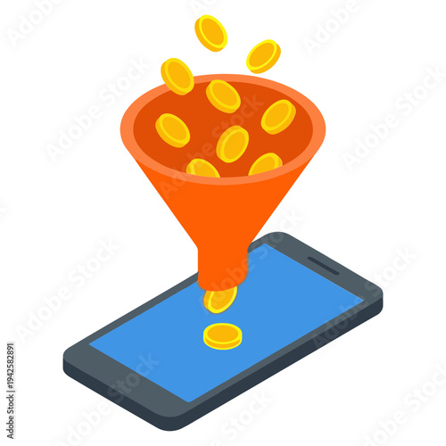Digital Income Funnel Gold coins flowing into a smartphone via an orange funnel, symbolizing mobile monetization, online revenue generation, and successful conversion into profit