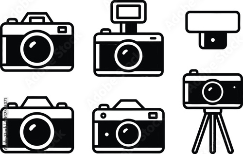 Set of 6 camera icons vector, black and white