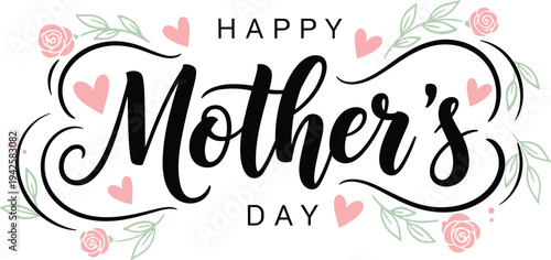 Elegant mother's day calligraphy with pink hearts and delicate floral accents 