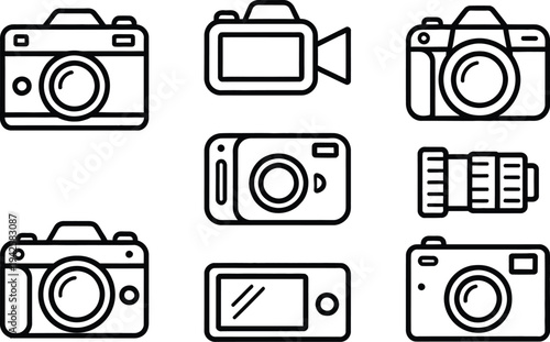 Set of 7 camera icons vector, black line style