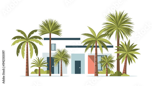 A colorful illustration of a modern house with palm trees in front of it on a white background.