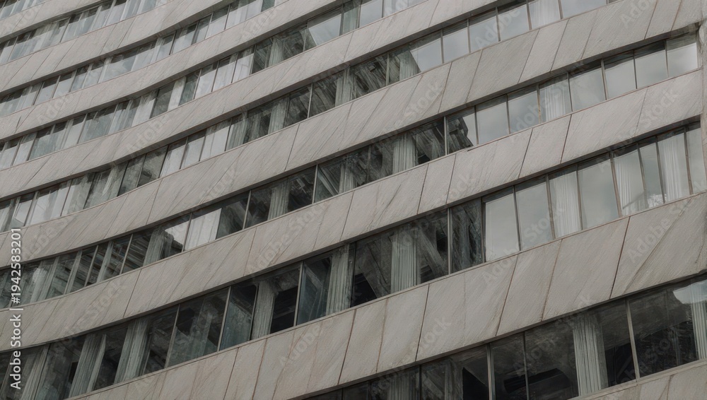 Fototapeta premium Angular perspective of a multi-story building with many windows reflecting the environment