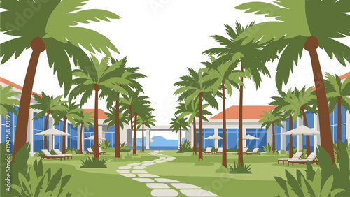 Illustration of a tropical resort with palm trees and blue buildings along a winding path leading to the ocean.