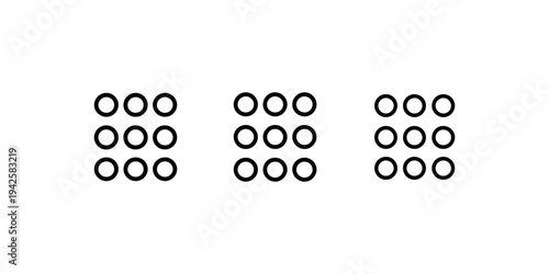 Menu grid icon, nine circle dots symbol in a 3x3 layout, application launcher sign, app menu interface, navigation element design