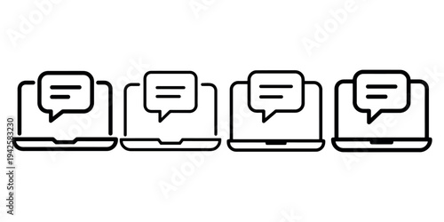 Laptop message icon, computer with speech bubble symbol, online communication, chat on notebook screen, digital conversation