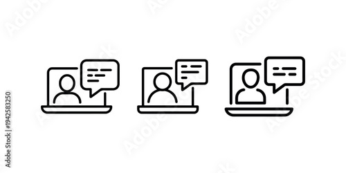 Digital communication icons showing chat bubbles with people on laptop screens set vector icons