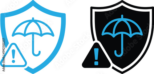 Dual shield icons with umbrella and warning symbols conveying protection and caution.