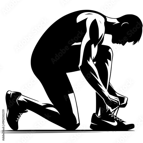 Ready to Run: Silhouette of a runner prepares for the start, lacing up their shoe, embodying the essence of sport and dedication.
