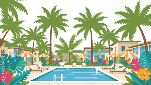 A serene poolside scene with a large swimming pool surrounded by palm trees and colorful umbrellas in a tropical resort setting with lush greenery and vibrant flowers.