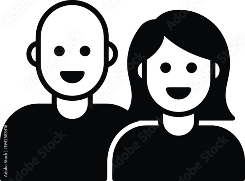 Simple illustration of a smiling man and woman together in black and white.