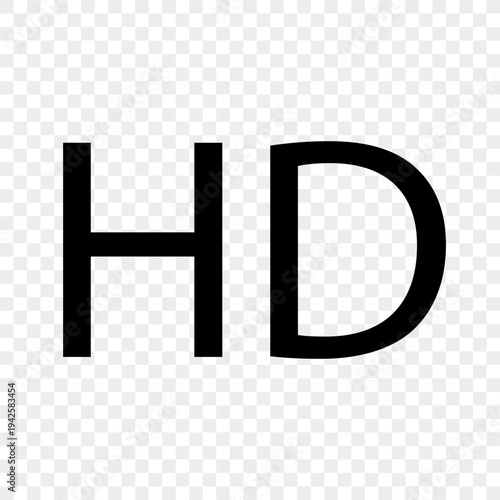 High definition icon. Bold HD Vector. Black typography text. Gray white checkered transparent grid background image style.