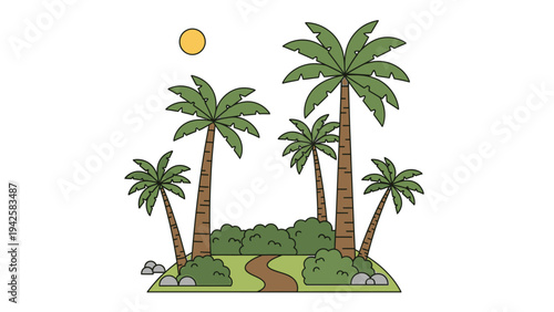 Illustration of a tropical island with palm trees, bushes, and a sun against a white background.