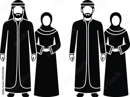Illustration of two couples in traditional robes standing together in a simple white background.