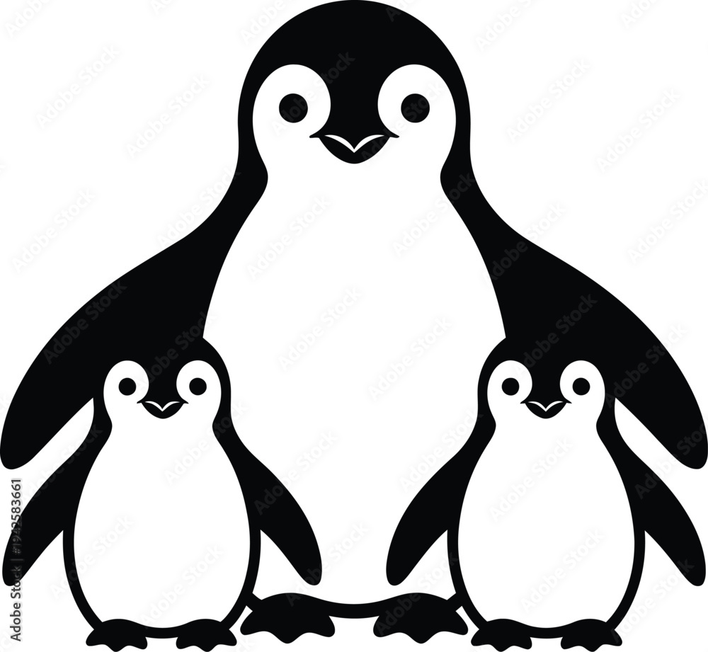 Fototapeta premium A cartoon illustration of a penguin with its two chicks standing together.