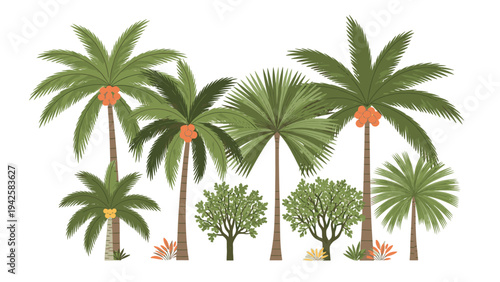 Illustration of various palm trees and tropical plants on a white background with green foliage and orange fruits.