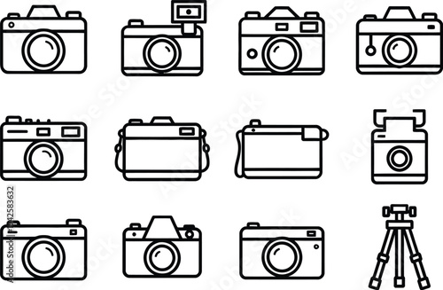 Set of 11 camera icons vector, black and white line art