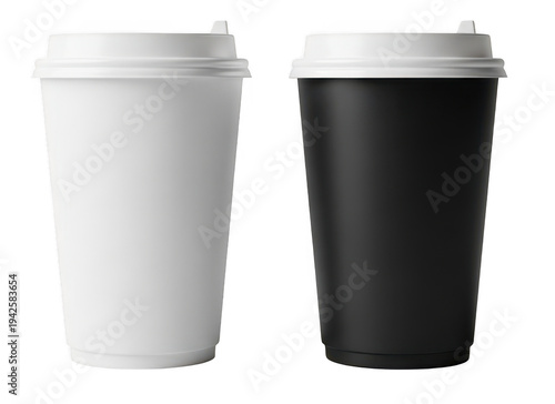 Comparison of white and black disposable coffee cups displayed side by side