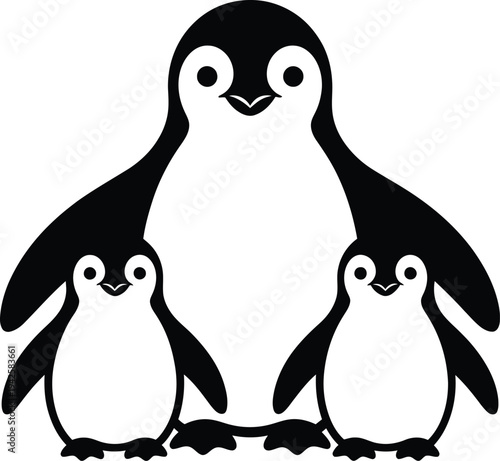 A cartoon illustration of a penguin with its two chicks standing together.
