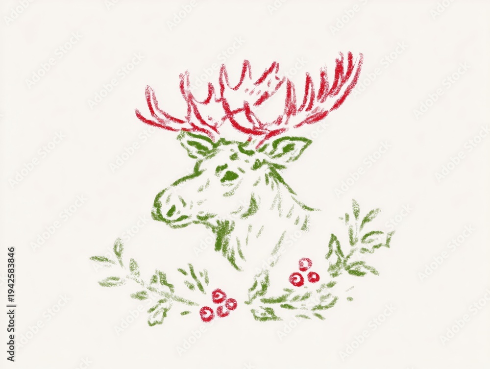 Obraz premium Red moose head illustration with large antlers and textured fur, detailed hand-drawn wildlife sketch facing left, stylized forest animal portrait with small decorative hearts around antlers.
